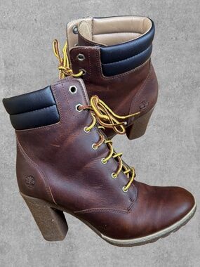 Timberland Y2K Women’s Heeled Lace Up Boots Brown Leather Size 8 Chunky Heel